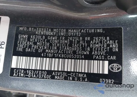 2012 Toyota Camry Le из США, поврежденный, VIN 4T1BF1FK8CU052054